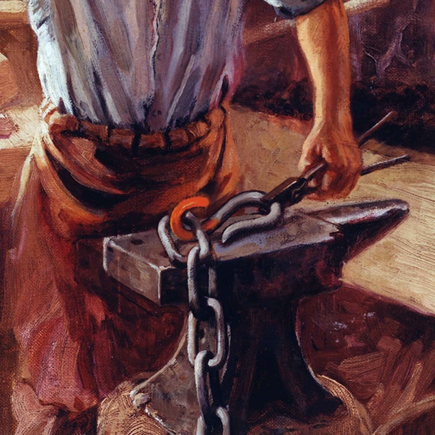 Walter Haskell Hinton 的油画，约翰•迪尔正在铁匠铺工作