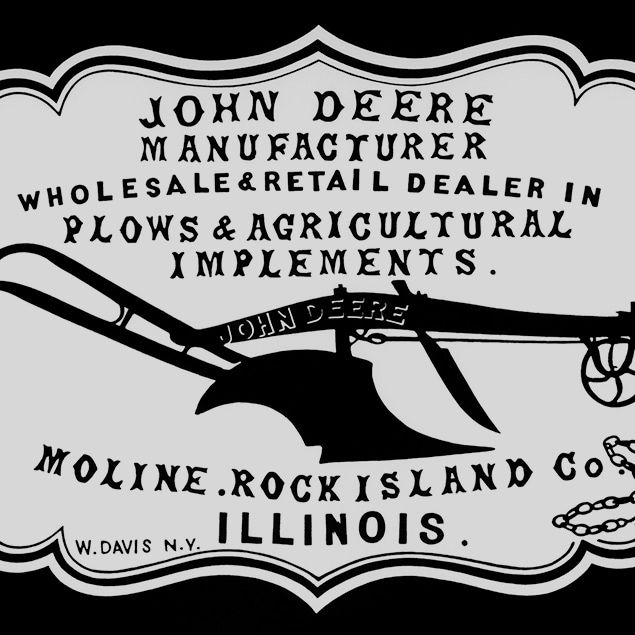 1855 年著名的经销商广告“约翰迪尔制造商，铸犁和农具批发零售商。伊利诺斯州莫林市，Rock Island Co.”