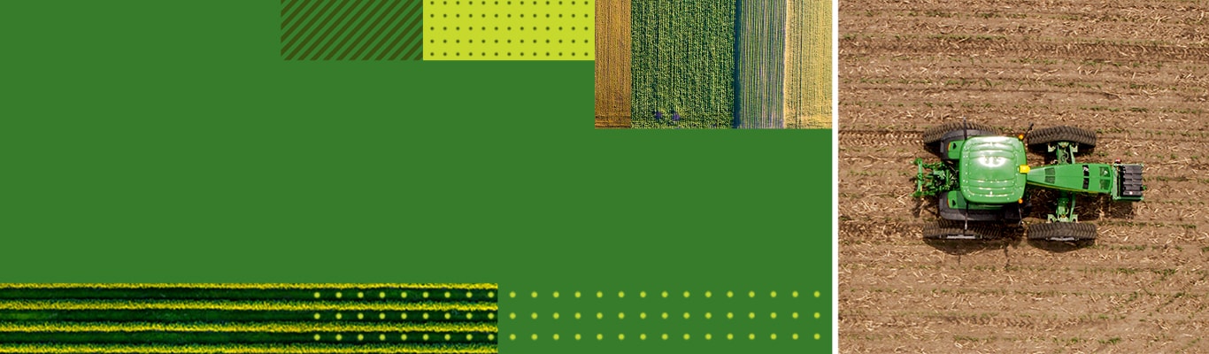 从上方拍摄的各种农田的拼贴画，右侧有一台 John Deere 拖拉机