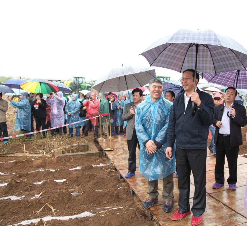 广西陈章良副主席、约翰迪尔中国总裁刘镜辉等雨中观看产品演示